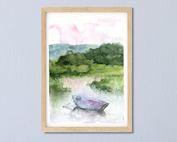 Lake Sunset Painting, Blue Landscape Watercolor Painting, Or