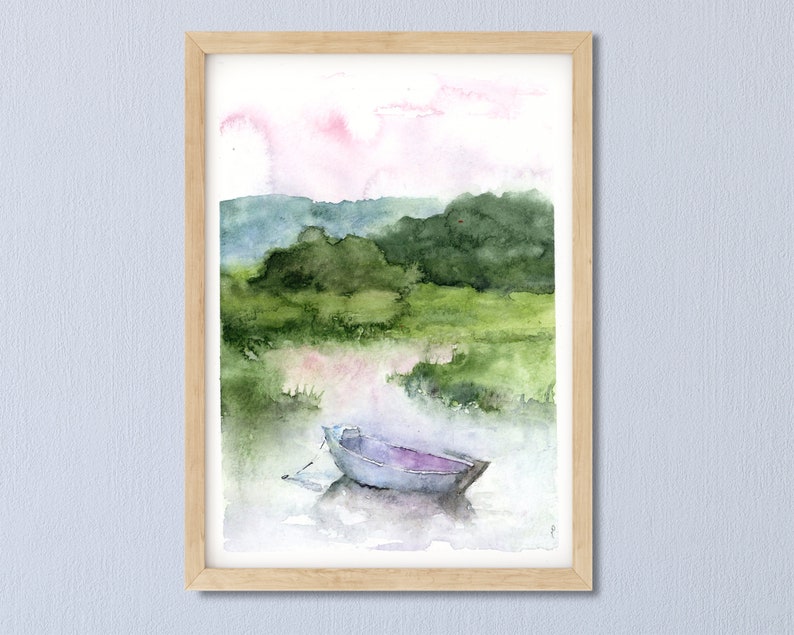 Sunset Landscape Art Print, Lake Art, green and blue Painting Print, Abstract Watercolor Wall Art, boat watercolor Art,Fine Art, Small print image 1