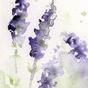 K&ouml;nnte beinhalten: Aquarellmalerei von lila Blumen mit gr&uuml;nen Stielen auf wei&szlig;em Hintergrund.