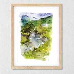 May include: Watercolour painting of a landscape with a small house, a tree, and a stream. The painting is done in shades of green, blue, and white.