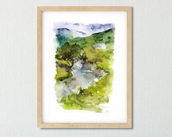 Déco murale paysage naturel, oeuvre d'art murale ruisseau, impression peinture aquarelle, art mural nature, cadeau pour amoureux de la nature, impression d'arbre, peinture rivière