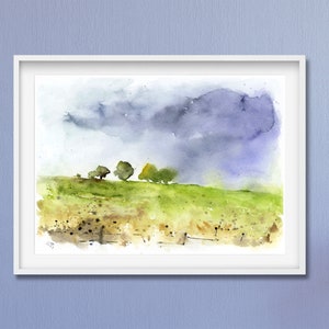 Meadow Painting, Grazing Wall Art, Watercolor Landscape, Pasture Print,  green Landscape Art, Fine Art Giclee, Abstract meadow Painting