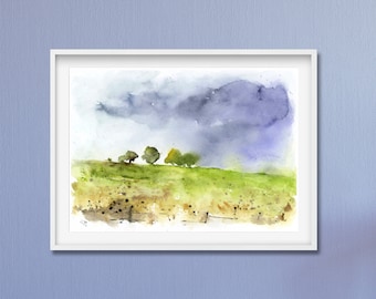 Meadow Painting, Grazing Wall Art, Watercolor Landscape, Pasture Print,  green Landscape Art, Fine Art Giclee, Abstract meadow Painting