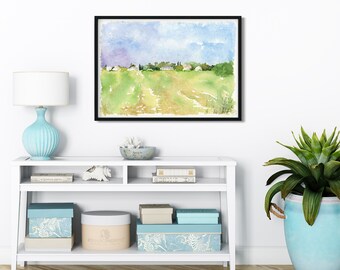 Large Landscape Art, Green Watercolor Art, Watercolor Landscape, Abstract Landscape Wall Art, Harvest Print, Field Painting, Road Painting