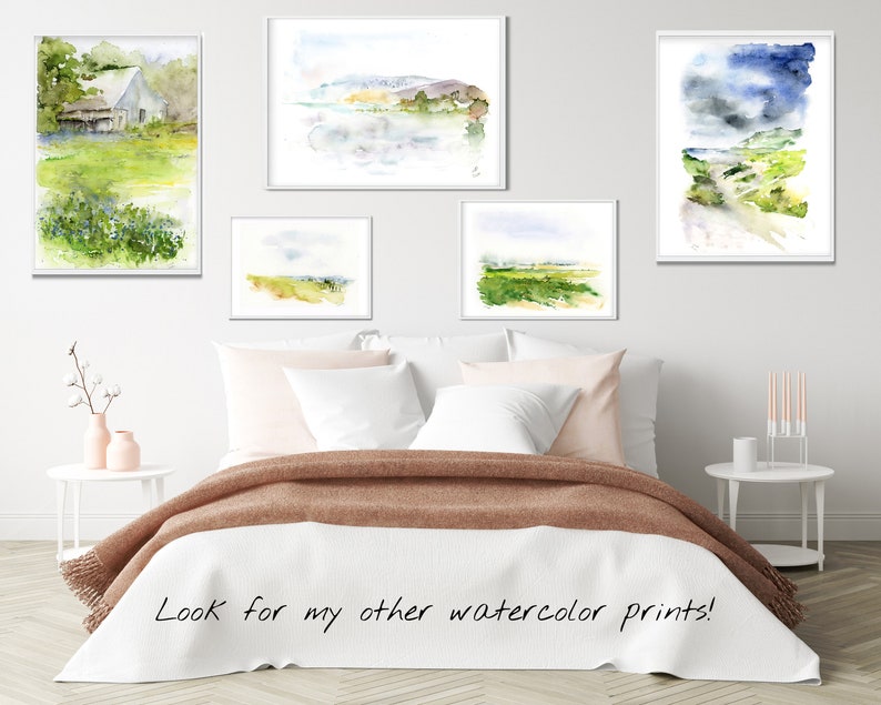 Sunset Landscape Art Print, Lake Art, green and blue Painting Print, Abstract Watercolor Wall Art, boat watercolor Art,Fine Art, Small print image 7