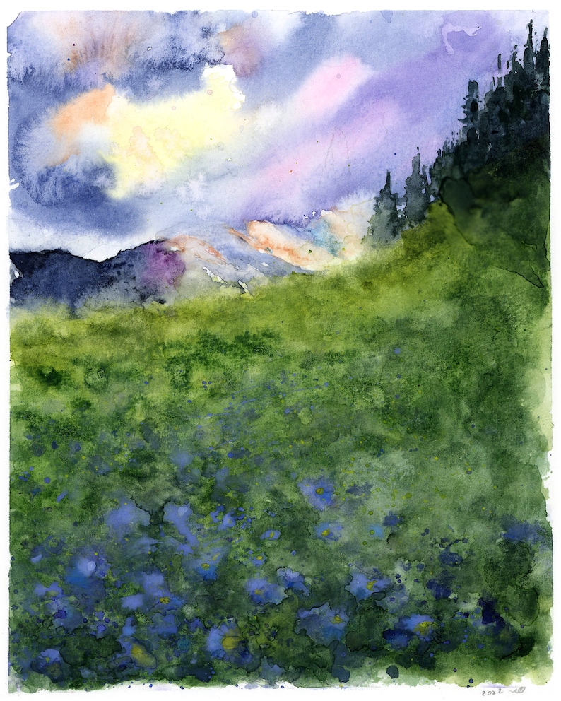 Sunset with blue flowers painting, watercolor Sunset Wall Art, Watercolor Landscape, Sunset Print, Purple Landscape Art, Fine Art Giclee, image 2