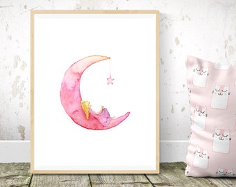 Ilustração de bebê menina, estampa aquarelada e delicada para menina, arte de parede rosa, decoração para quarto de bebê, arte de parede infantil, decoração para quarto de menina, ilustração de bebê
