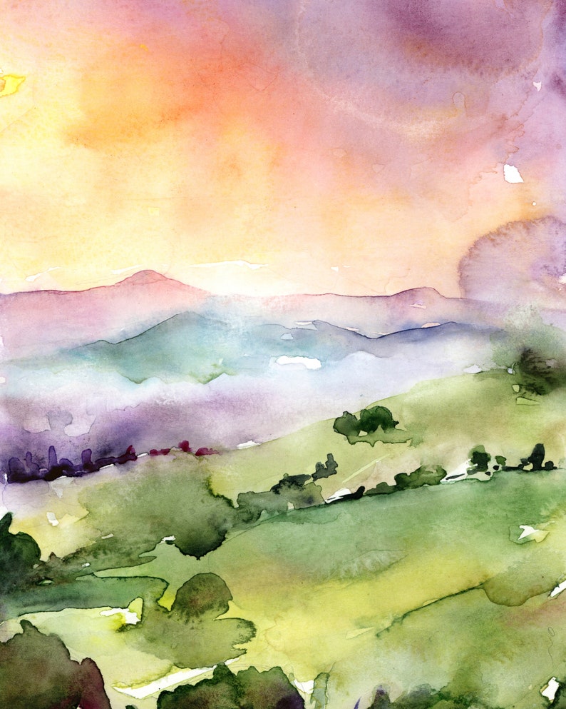 Sunrise Wall Art, Nature Watercolor Print, Small Abstract Art, Landscape Painting, Colorful Watercolor Wall Art, Fine Art, Sunrise Painting image 3