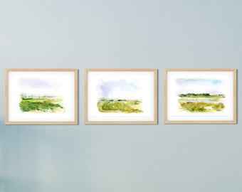 Peintures de paysages verts, ensemble de 3 impressions de paysages, ensemble de galeries murales, impressions de paysages naturels, ensemble d'impressions aquarelles abstraites