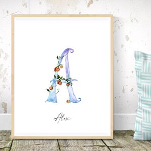 Personalized watercolor initial name print, A - M Custom nursery name art with flowers, New Baby Gift, Name Wall Art, Baby Wall Art