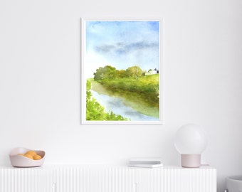 湖の青と緑の水彩画の壁掛けアート、水彩風景画プリント、小さな田園