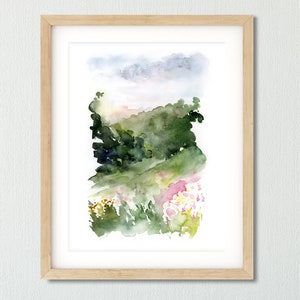 May include: Watercolor painting of a landscape with green hills, trees, and flowers in shades of pink, yellow, and white. The sky is a soft blue with white clouds.