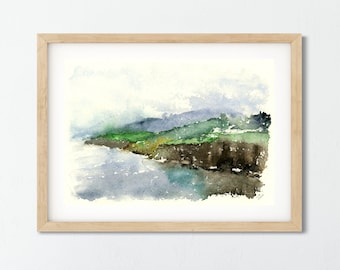 Grüne Landschaft Kunstdruck, Irland Landschaft Kunst, grün und blaue Landschaft, Aquarell Ufer Wandkunst, Klippen Wandkunst, kleiner Druck