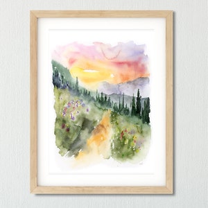 Mountain Painting, Sunset Wall Art, Watercolor Landscape, Sunset Print,  Blue Landscape Art, Fine Art Giclee, Abstract mountains Painting