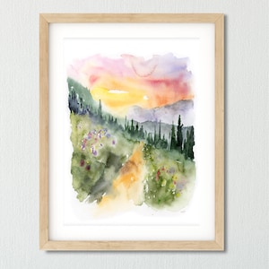 Mountain Painting, Sunset Wall Art, Watercolor Landscape, Sunset Print,  Blue Landscape Art, Fine Art Giclee, Abstract mountains Painting