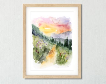 Mountain Painting, Sunset Wall Art, Watercolor Landscape, Sunset Print,  Blue Landscape Art, Fine Art Giclee, Abstract mountains Painting