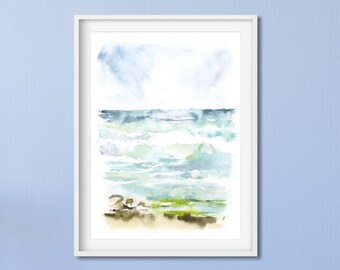 Ozean Malerei, Meer Landschaft, Aquarell Landschaft, Meer Druck, Blaue Landschaft Kunst, Fine Art Giclée, Meer Malerei