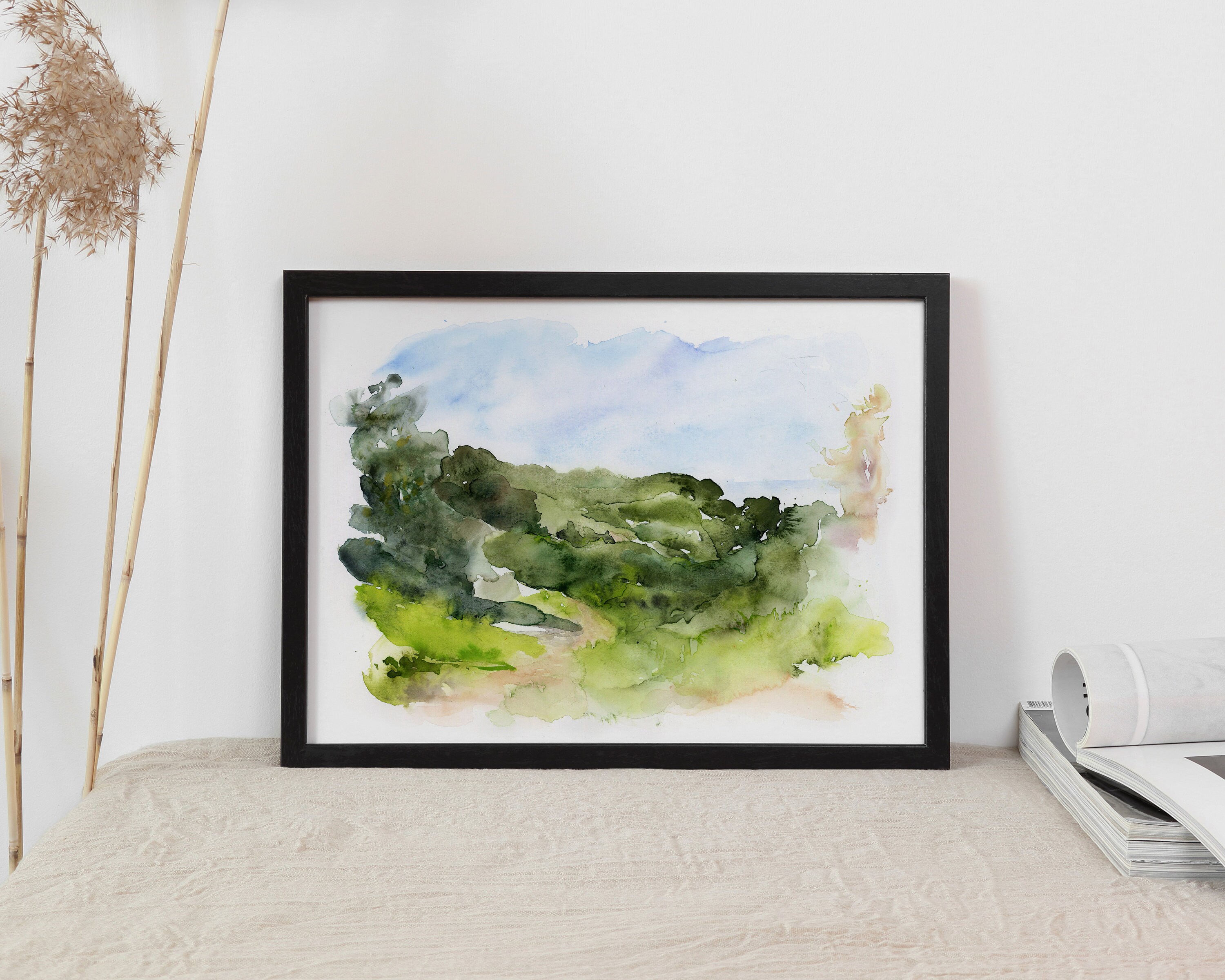 抽象風景画、水彩画（緑）、風景画、自然画、抽象水彩画、野原画
