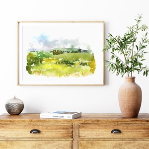 Blue and green England Landscape Painting, Watercolor scenery Art, Large Watercolor countryside wall art, giclee print Fine Art