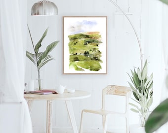 Pintura de paisagem grande, arte de paisagem verde, arte de parede em aquarela verde, arte de parede abstrata, impressão de belas artes, pintura de arte de parede de paisagem