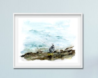 Ocean Painting, Seascape Wall Art, Watercolor Landscape, Fisherman Print,  Blue Landscape Art, Fine Art Giclee, Abstract sea Painting