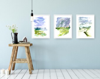 Large Landscape Art, Watercolor Paintings, Blue and Green Art Prints, Print Set of 3, Abstract Gallery Wall Set, Nature Wall Art Prints
