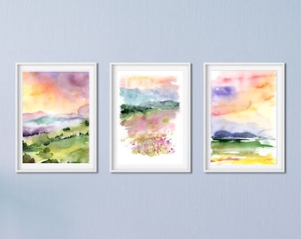 Conjunto de Impressões em Aquarela, Conjunto de Impressões de Paisagem, Conjunto de 3 Peças de Arte para Parede, Conjunto de Impressões de Belas Artes, Impressões de Arte da Natureza, Impressões de Nascer do Sol, Decoração de Parede em Aquarela