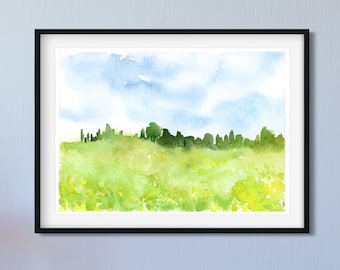 Blue and green Pennsylvania hillside Landscape Painting,  Watercolor US scenery Art, Small Watercolor Art Print, giclee print Fine Art