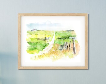 Watercolor Landscape Art, Green Landscape Painting, Small Wall Art, Abstract Print, Watercolor Art, Nature Art, Fine Art Giclee