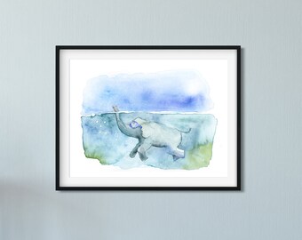 Watercolor Animal Wall Art, Elephant Print, Elephant Art for Nursery, Baby Blue Nursery Decor, Children Wall Art, Nursery Decor Print