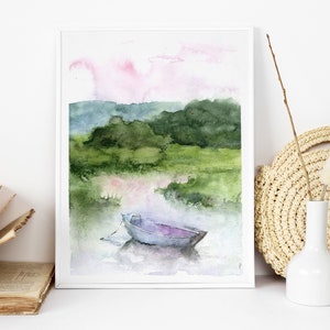 Sunset Landscape Art Print, Lake Art, green and blue Painting Print, Abstract Watercolor Wall Art, boat watercolor Art,Fine Art, Small print image 2