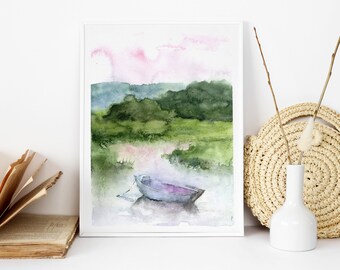 夕焼けの風景アートプリント、湖のアート、緑と青の絵画プリント、抽象