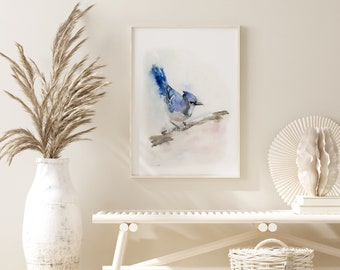 Bird Wall Art, Bird Art Print, Large Wall Art, Living Room Art, Blue Bird Print, Bird Watercolor Painting, Bird Wall Decor, Blue Jay