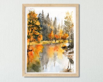 Autumn Art Print, Landscape Watercolor Painting, Lake Wall Art, Abstract Wall Art, Autumn Landscape Wall Art, Warm Color Wall Art.
