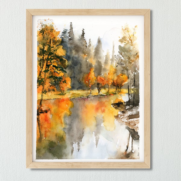 Herbst Landschaft Kunstdruck, See Wandbild, Aquarell Malerei, Herbst Landschaft Wandkunst, Warme Farbe Wandkunst.