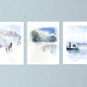 Landscape Watercolor Wall Art, Set of 3 Prints, Winter Landscape Print, Nature Art Prints, Abstract Prints, Watercolor Print Set, Fine Art