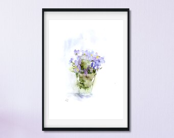 May include: A watercolor painting of a bouquet of purple flowers in a clear glass vase. The flowers are painted in a soft, delicate style, and the vase is simple and elegant.