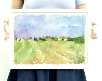 Watercolor Landscape Print, Countryside landscape Art, green and blue Painting Print, Watercolor field Wall Art, Watercolor Small print