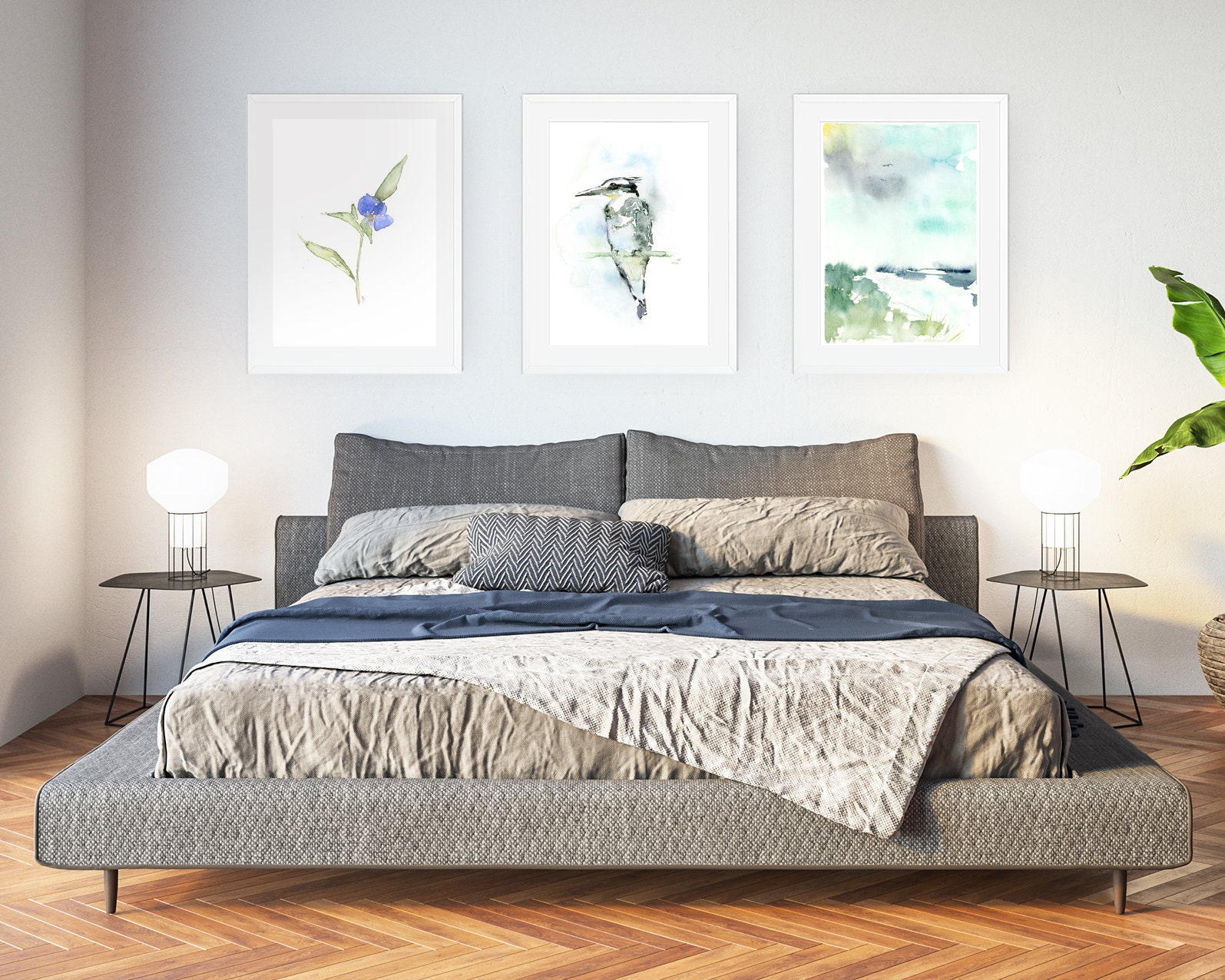 Blue Wall Art Set of 3 Wall Art Gallery Watercolor Nature Etsy