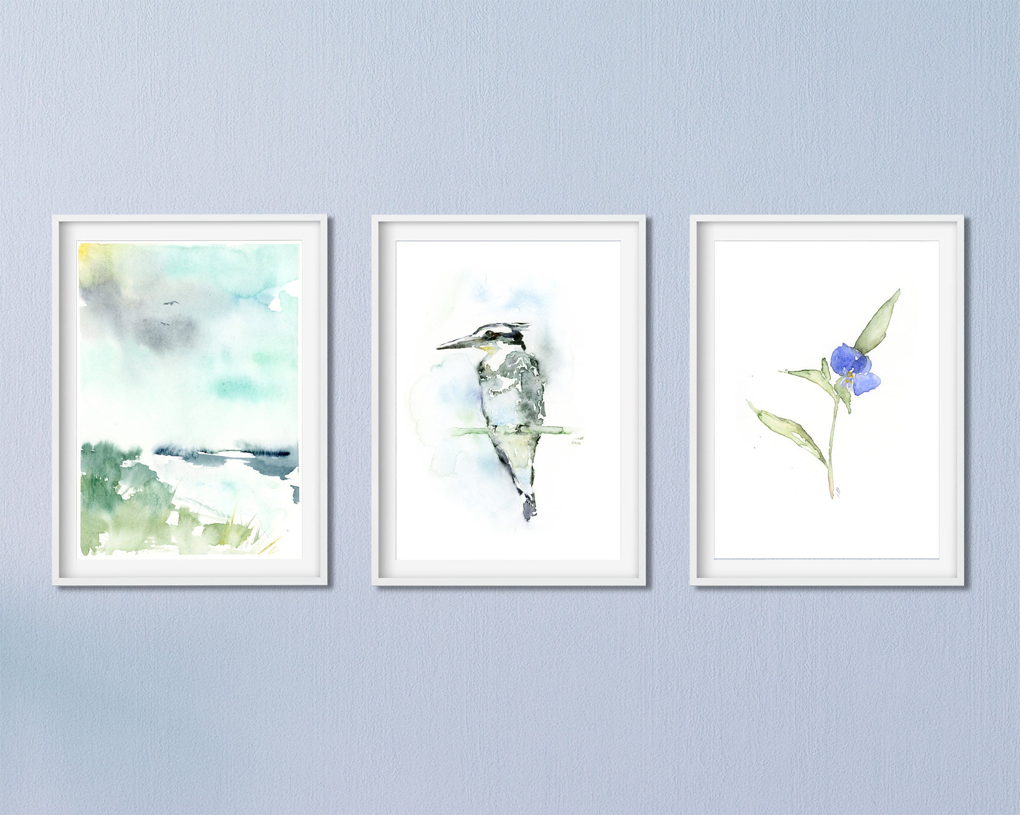Blue Wall Art Set of 3 Wall Art Gallery Watercolor Nature Etsy