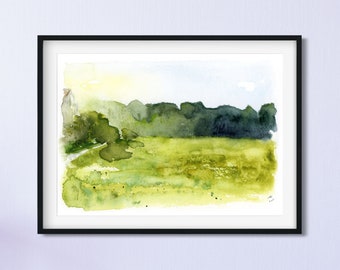 Pintura de paisaje verde de Virginia, arte de paisaje estadounidense en acuarela, impresión artística de acuarela pequeña, pintura de naturaleza, impresión giclée de bellas artes