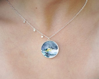 Art Pendant Necklace, Nature Necklace, Silver Round Necklace, Pendant Necklace for Women, Watercolor Necklace, Minimalist Silver Necklace