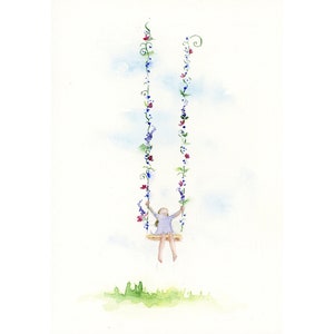 Pode incluir: Uma pintura a aquarela de uma menina balan&ccedil;ando em um balan&ccedil;o de videira com flores. O balan&ccedil;o &eacute; feito de duas videiras com flores crescendo nelas. A menina est&aacute; vestindo um vestido roxo e tem os bra&ccedil;os estendidos. O fundo &eacute; um c&eacute;u azul claro com nuvens brancas.