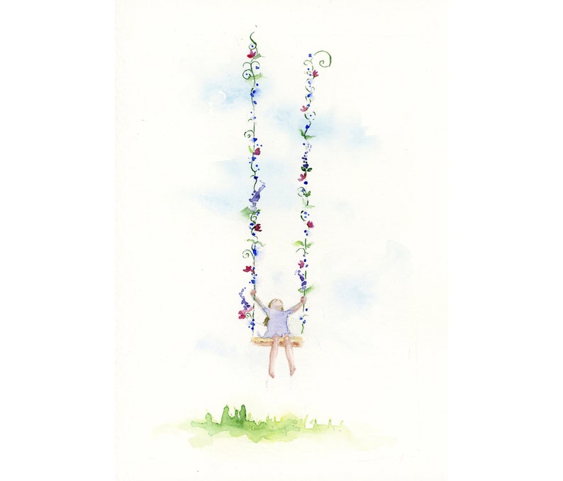 Pode incluir: Uma pintura a aquarela de uma menina balan&ccedil;ando em um balan&ccedil;o de videira com flores. O balan&ccedil;o &eacute; feito de duas videiras com flores crescendo nelas. A menina est&aacute; vestindo um vestido roxo e tem os bra&ccedil;os estendidos. O fundo &eacute; um c&eacute;u azul claro com nuvens brancas.