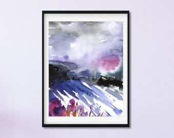 Purple Watercolor Art, Watercolor Landscape Painting, Purple Landscape, Dusk Painting, Watercolor Nature Wall Art, Field Wall Art