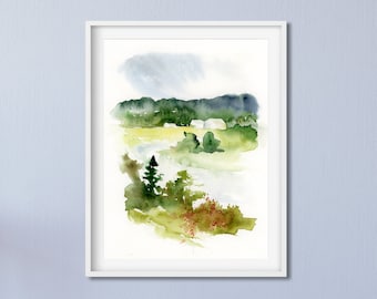 Grün Aquarell Art Print, Abstrakte Wandkunst, Aquarell Druck, Landschaft Wandkunst, Original Kunst, Kleine Kunstdruck, Fine Art Print Abstrakt