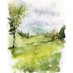 Pu&ograve; includere: Dipinto ad acquerello di un paesaggio con un campo verde, alberi e un cielo nuvoloso. Il dipinto &egrave; realizzato in uno stile sciolto e impressionistico.