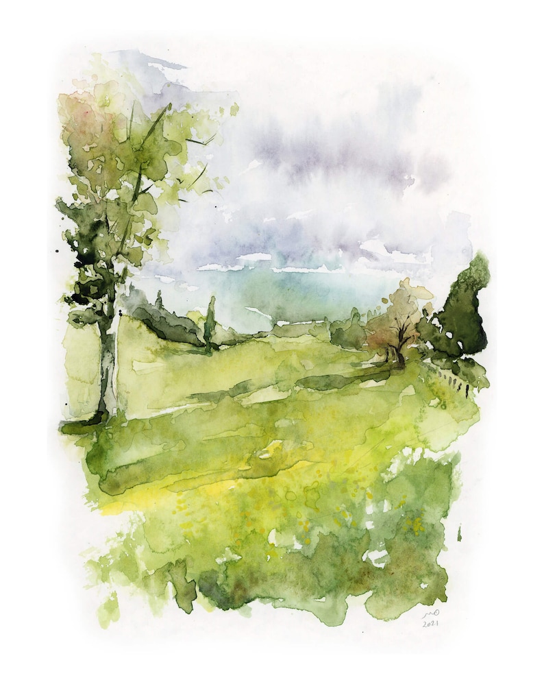 Pu&ograve; includere: Dipinto ad acquerello di un paesaggio con un campo verde, alberi e un cielo nuvoloso. Il dipinto &egrave; realizzato in uno stile sciolto e impressionistico.