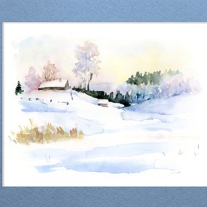 May include: A watercolor painting of a snowy landscape with a small house in the distance. The trees are bare and the sky is a soft blue. The painting is done in a light and airy style.