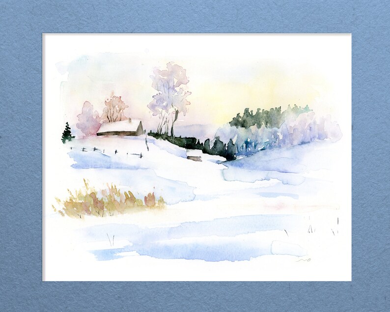 May include: A watercolor painting of a snowy landscape with a small house in the distance. The trees are bare and the sky is a soft blue. The painting is done in a light and airy style.